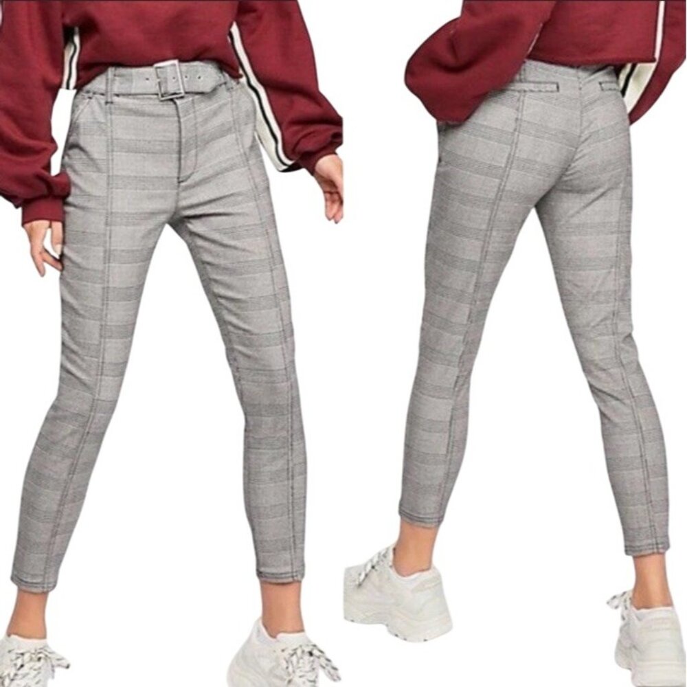 Free People Size 6 Rock On Ankle Skinny Belted Stretch Plaid Gray Cropped Pants